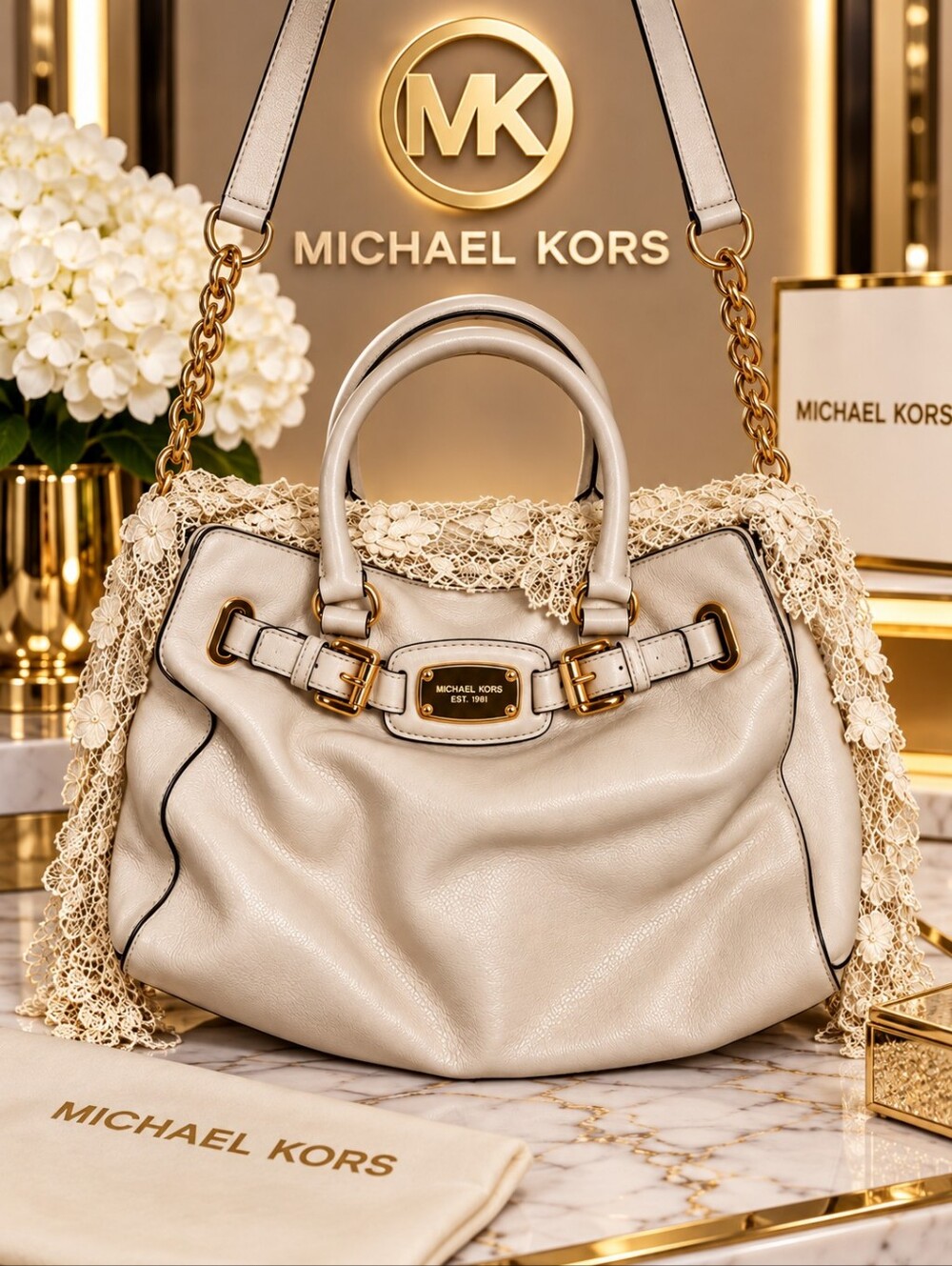 Michael Kors Hamilton Tote In Cream Pebbled Leathet And Gold Accents PLC